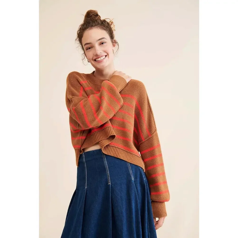 Free People Easy Street Stripe Crop Pullover Sweater Brown Orange Medium